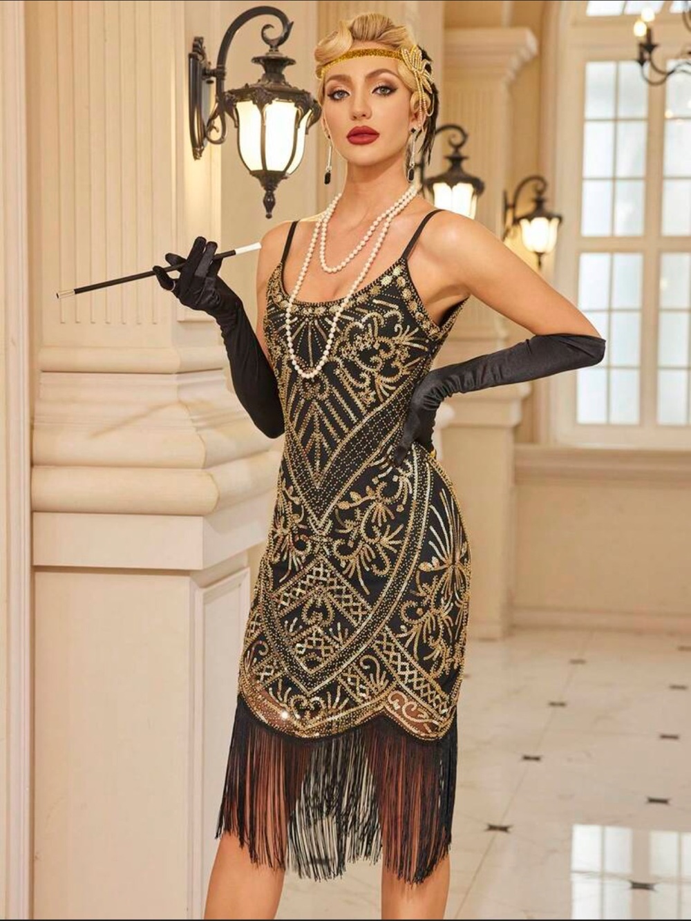 Beaded Black Flapper Dress with Fringe + Accessories